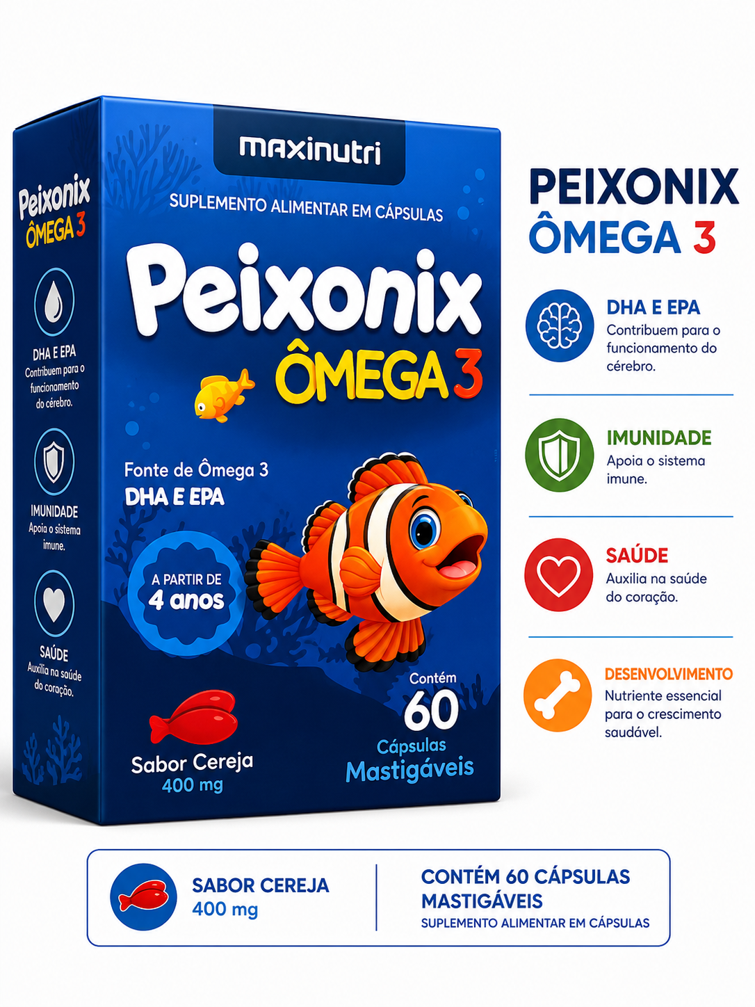 Peixonix Ômega 3 Maxinutri Sabor Cereja 400mg 60 Cápsulas Mastigáveis
